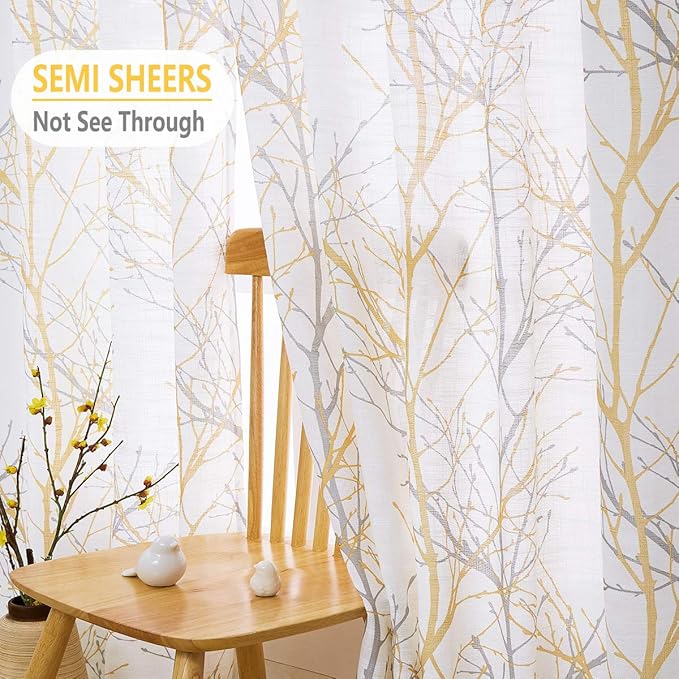 FMFUNCTEX Linen Semi Sheer Curtains for Bedroom, Yellow White Curtains 45 Inches Long for Living Room, Grey Tree Branch Print Curtain Light Filtering Kitchen Window Drapes, Grommet Top 2 Panels