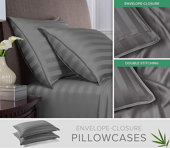 Pure Bamboo Queen Sheets, Genuine 100% Organic Viscose Derived from Bamboo Bed Sheet Set, Luxuriously Soft & Cooling, Double Stitching, 2 Year Quality Promise (Queen, Jacquard Stone)