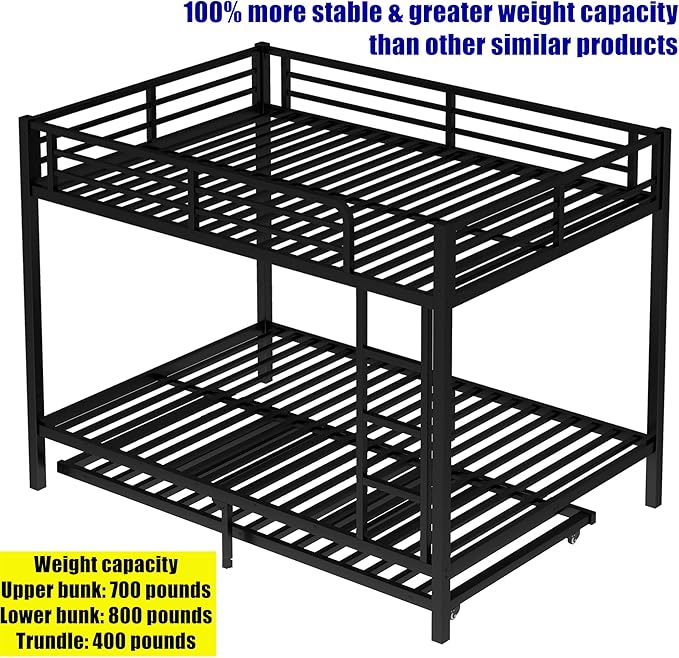 Upgraded & Stronger Heavy Duty Metal Full Over Full Bunk Bed with Trundle for Adults & Teens, Thickened More Stable Safer Bunkbeds (Greater Weight Capacity)