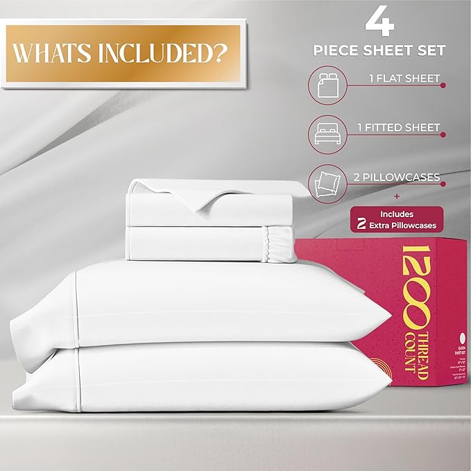 Mayfair Linen 100% Egyptian Cotton Sheets California King Size - 1200 Thread Count 4 PC Cal King Sheets Egyptian Cotton, Soft, Cooling Sateen Sheet, High Thread Count Sheet California King - White