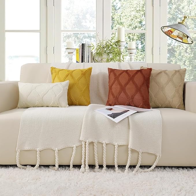 decorUhome Spring Euro Sham Throw Pillow Covers 22x22 Inch Set of 2, Soft Plush Faux Fur Wool Mustard Yellow Couch Pillow Covers, Decorative Neutral Pillow Cases for Bed Sofa Living Room Home Decor