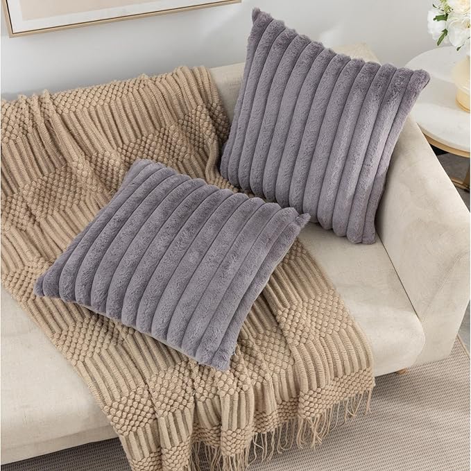 ZLINA Set of 2 Dark Grey Faux Fur Decorative Throw Pillow Covers Fluffy Striped Pillowcase Cushion Covers 20 x20 Inch Decor Sofa Couch Bedroom