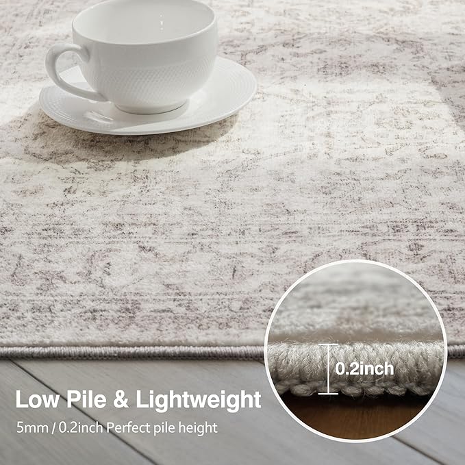 FMFUNCTEX 3ft Round Washable Area Rug Beige Vintage Neutral Distressed Small Non Slip Carpet for Living Room Bedroom Soft Low Pile Indoor Mat Retro Floral Throw Rug for Entryway Bathroom Bedside