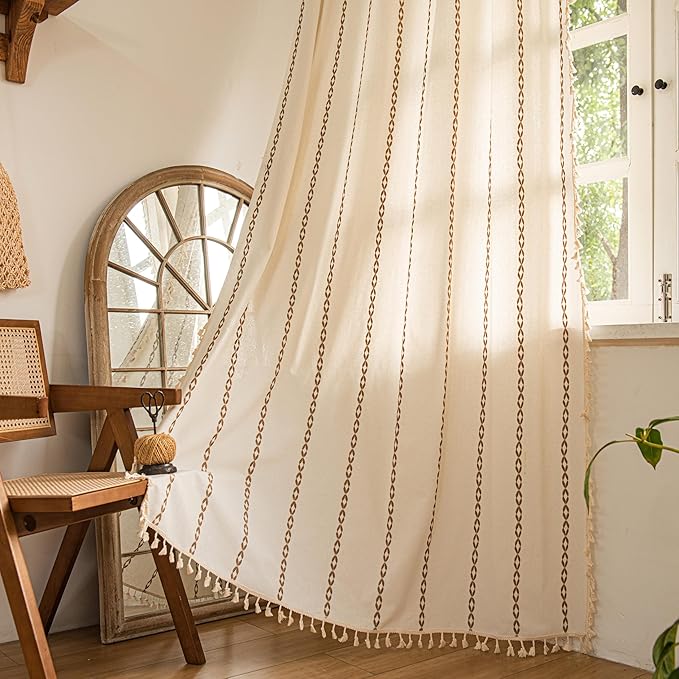 Sutuo Home Boho Curtains 108 Inches Long, Bohemian Drape for Bedroom Living Room, Privacy Country Semi Blackout Farmhouse for House Decor Rod Pocket, 1 Panel W52 x L108 White and Coffee