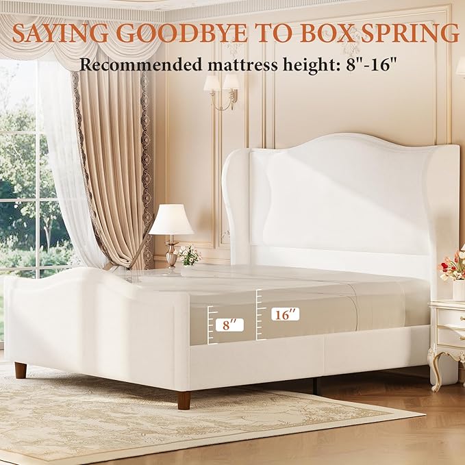 koorlian Queen Bed Frame Chenille Fully Upholstered Bed with Headboard and Footboard, 51" High Deep Tufted Wingback Sleigh Upholstered Platform Bed, Modern Retro Minimalist Style, Easy Assembly, Cream