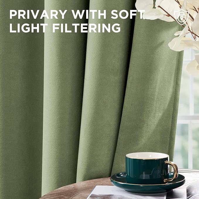 Joydeco Coconut Green Velvet Curtains 96 Inches 2 Panels, Luxury Thermal Insulated Soft Green Curtains for Bedroom & Living Room, Room Darkening Velvet Drapes, Rod Pocket (52W x 96L)