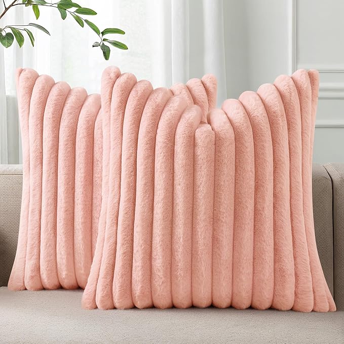 Pallene Faux Fur Plush Throw Pillow Covers 24x24 Set of 2, Luxury Soft Fluffy Striped Decorative Pillow Covers for Sofa, Couch, Living Room, Pink