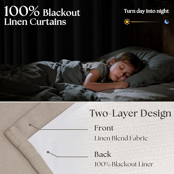 108 Inch Pinch Pleat Drapes Greyish Beige Room Darkening Curtains 108 Inches Long for Bedroom Neutral Farmhouse 100% Blackout Thick Linen Double Layer Pleated Curtain 2 Panels Set Burlywood Birch