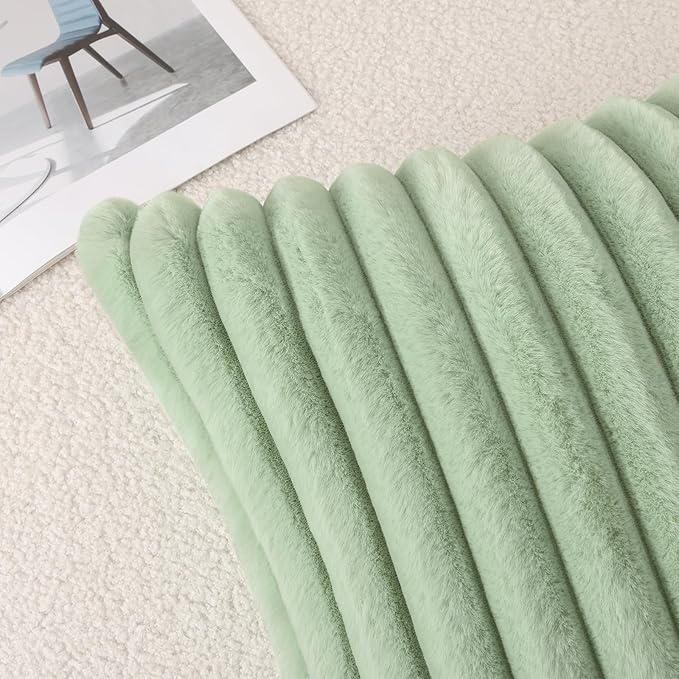 Pallene Faux Fur Plush Lumbar Throw Pillow Covers 12x20 Set of 2, Luxury Soft Fluffy Striped Decorative Pillow Covers for Sofa, Couch, Living Room, Sage Green