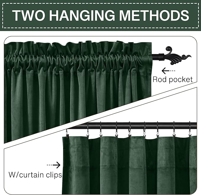 StangH Dark Green Velvet Curtains for Bedroom, 90 inches Rod Pocket Heavy Thick Blackout Window Panels Christmas Holiday Home Decoration for Dining Room, W52 x L90, 2 Panels