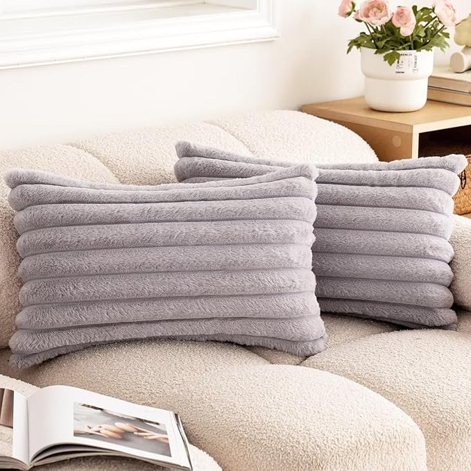 Double-Sided Faux Fur Plush Throw Pillow Covers 12x20 Set of 2 Fuzzy Striped Soft Cozy Pillowcase Luxury Decorative Pillows Rectangle Shaggy Cushion Covers for Couch Sofa Bed,Light Grey