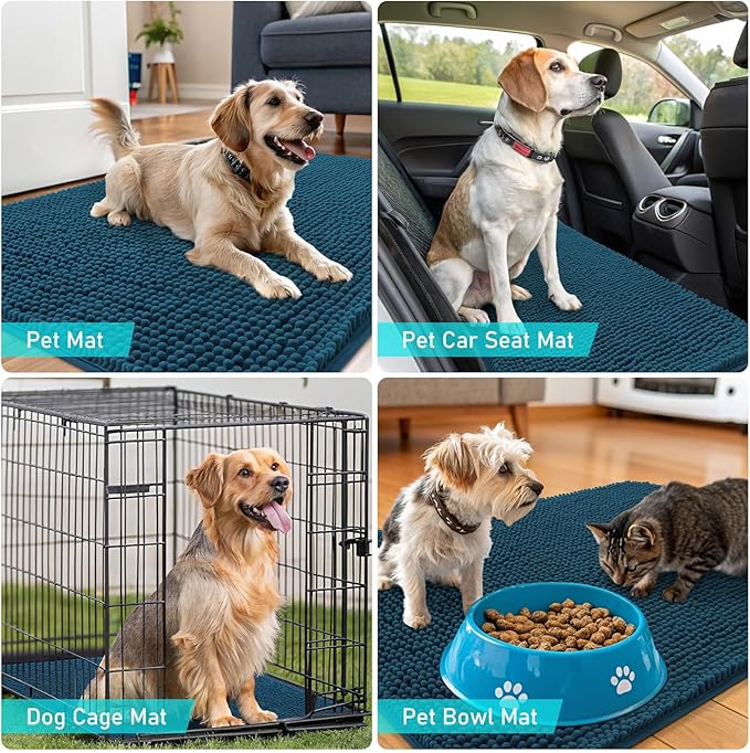 OLANLY Dog Door Mat for Muddy Paws 59x35, Absorbs Moisture and Dirt, Absorbent Non-Slip Washable Doormat, Quick Dry Chenille Mud Mat, Entry Indoor Entryway Carpet for Inside Floor, Atlantic Blue