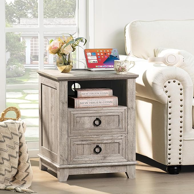 18" Farmhouse Night Stands Set of 2 with Charging Station, 2 Drawers End Table Dresser for Bedroom, Oak Wooden Nightstand, Bed Side Table with Open Shelf, Bedside Cabinet for Living Room