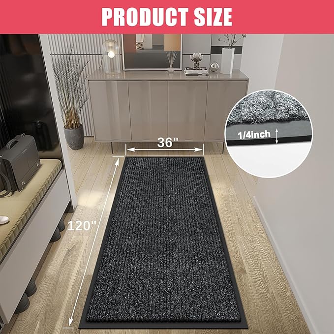 Kuyal Front Door Mat, 3'x10' Indoor Outdoor Entrance Mat, Commercial Floor Mats Inside Outside Entrance, Heavy Duty Durable Welcome, Rubber Backing Non Slip Outdoor Mats for Entryway,Black
