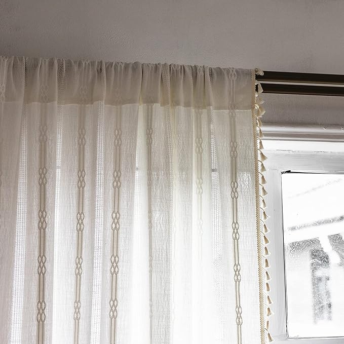 Sutuo Home Boho Curtains 96 Inches Long for Bedroom Living Room, Hollow Stripes Bohemian Embroidery Drape Light Filtering Cream Vintage Shabby Chic Tassels Window Treatment 1 Panel 52"W x 96"L,White