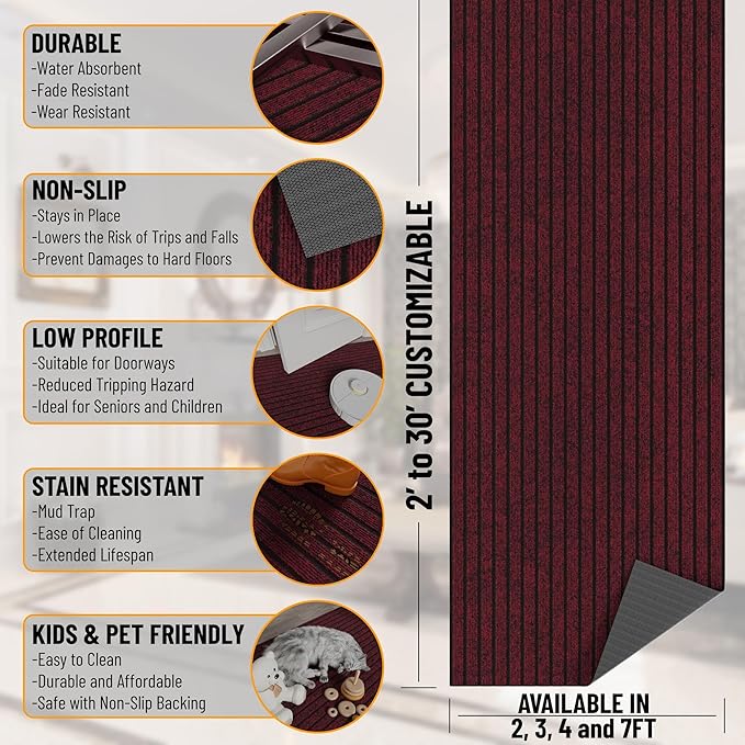 Ottomanson Mud Mat 2' x 4' Entryway Rug - Non-Slip Scraper Doormat for Muddy Paws, Dirt Trapping Indoor/Outdoor Mat for High-Traffic Areas, Kitchen, Garage, Patio, Red