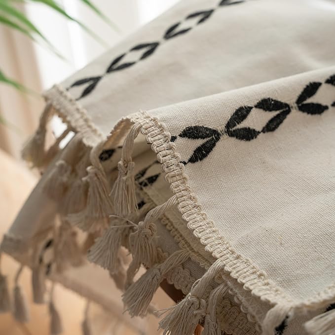 Sutuo Home Boho Curtains 96 Inches Long, Bohemian Drape for Bedroom Living Room, Privacy Country Rustic Semi Blackout Farmhouse for Halloween Decor Rod Pocket, 1 Panel W52 x L96 White and Black