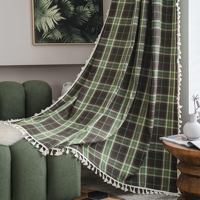 Sutuo Home Boho Curtains for Living Room Bedroom, Vintage Gingham Curtains Christmas Light Filtering Country Bohemian Tassels Vintage Chic Grid for Xmas Decor 1 Panel 52" W x 96" L, Dark Green Plaids