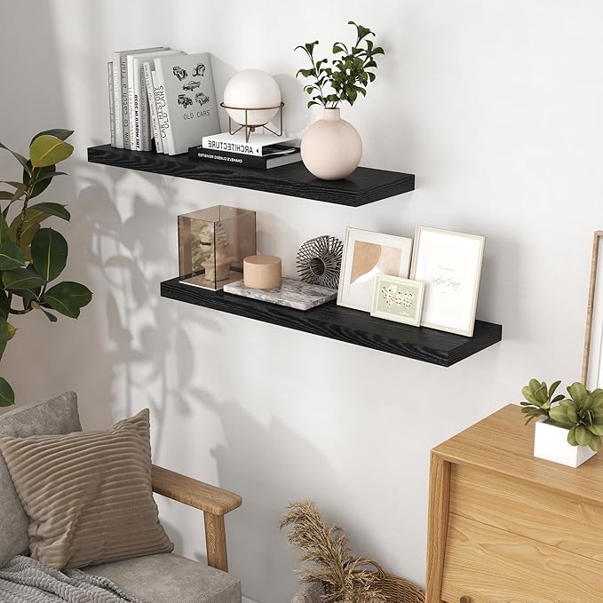40 Inch Floating Shelves for Wall, 9.3 Inch Deep Shelves for Books & Decor, Wall-Mounted Floating Shelf 40 Inch Long Set of 2, Rustic Wooden Shelf for Living Room, Bedroom, Kitchen, Black