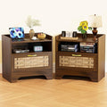 24" Rattan Nightstand Set of 2, Walnut Bedside Table with Semi Open Cubby, Boho Night Stand with Farmhouse Arched Base for Bedroom, Side Table, End Table for Dorm