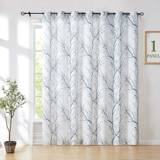 FMFUNCTEX White Blue Sliding Door Curtain 96 Inches Long Tree Branch Semi Sheer Patio Glass Door Panel for Large Windows Living Room Linen Texture Curtain Drapes for Privacy 1Panel