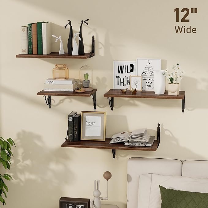 Dreamland Deep Floating Shelves, 31" W x 12" D Wall Shelves Set of 2, Wide Display Shelf Wall Mounted with Brackets, Bookshelf for Living Room, Bathroom, Bedroom, Walnut