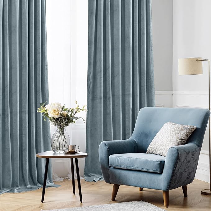 StangH Stone Blue Velvet Curtains for Living Room 62 inches Wide Soft Room Darkening Privacy Protect Drapes for Window Covering/Sliding Door/Office Divider, W62 x L90, 2 Panels