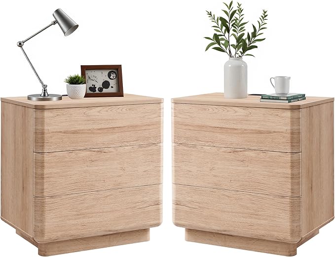 JXQTLINGMU 22" Modern Nightstand Set of 2 with Charging Station, Large Push-to-Open End Table, Wood Bedside Table, Curved Profile, Handleless 3 Drawer Night Stand for Bedroom, Living Room, Natural Oak