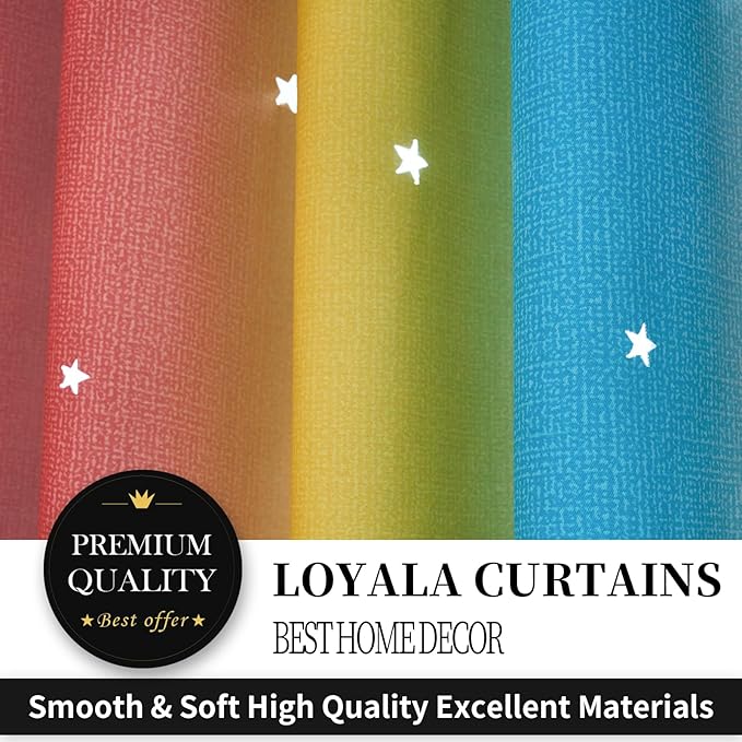 Star Curtains Blackout Curtains for Bedroom Cute Curtains Kids Curtains Rainbow Curtains, Curtains 72 Inches Long 2 Panels, Red & Yellow & Blue Curtains, 52 X 72 Inches