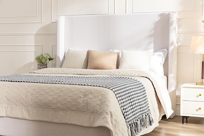 California King Size Upholstered Bed Frame, Platform Bed Frames with 54" Tall Headboard Wingback, Strong Wood Slats Support/No Box Spring Needed/Elegant Simplicity/No Noise, Textured Ivory Canvas