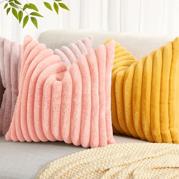 decorUhome Faux Fur Spring Throw Pillow Covers 18x18 Set of 2, Decorative Soft Plush Striped Neutral Couch Pillow Covers with Velvet Back for Sofa, Bed, Living Room Home, Blush Pink