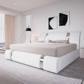 Allewie King Size Bed Frame with Iron Piece Decor, Faux Leather Upholstered Platform Bed with Curved Adjustable Headboard, Wooden Slats Support, No Box Spring Needed, Modern White
