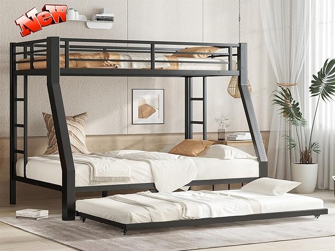 Upgraded & Stronger Heavy Duty Metal Twin Over Full Bunk Bed with Twin Size Trundle for Adults & Teens, Thickened More Stable Safer Bunkbeds (Greater Weight Capacity)