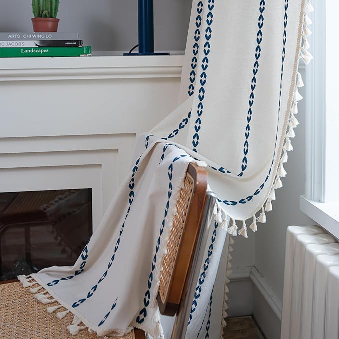 Sutuo Home Boho Kitchen Curtains for Dining Room, Semi Blackout Farmhouse Vintage Tassels Window Treatment Bohemian Embroidery Drape, Rod Pocket 1 Panel 52" W x 63" L, White and Navy Blue