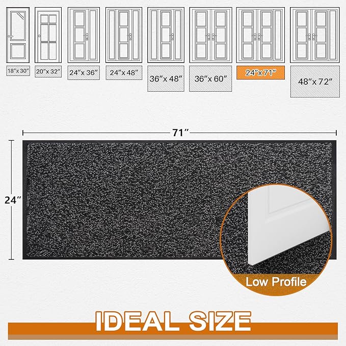 Mibao Front Door Mat, Dirt Trapper Welcome Mat for Outdoor Indoor, Non-Slip Waterproof Doormat, Durable Machine Washable Low Profile Entry Rug for Back Door Outside Patio Porch, 72" x 24", Black