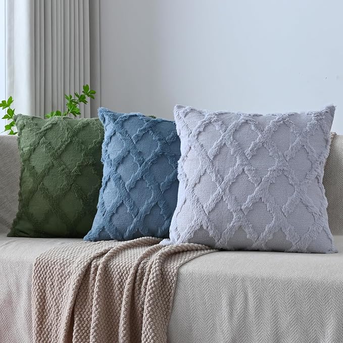 Set of 2 Soft Moroccan Throw Pillow Covers 20x20 Inch Plush Boho Decorative Pillow Cover Accent Cushion Case for Couch Sofa Bed, Grey Blue