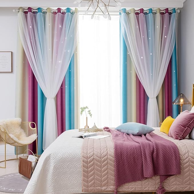 Star Blackout Curtains - Bedroom & Kids Rainbow Curtains, 108 Inch Long, Purple & Blue, 42 x 108 Inch, 2 Panels