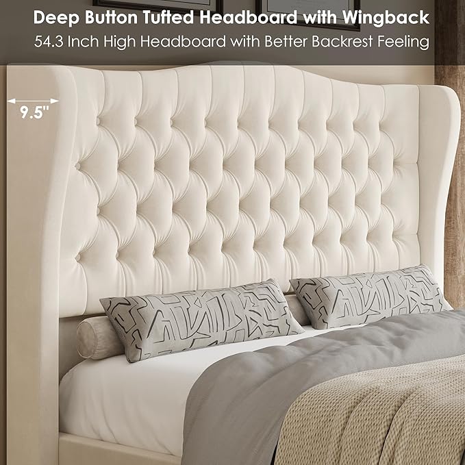 Keyluv King Size 54.3” Tall Platform Bed Frame with Deep Button Tufted Wingback Headboard and Footboard, Velvet Upholstered Bed Frame with Handmade Pleats, No Box Spring Needed, Beige/Cream