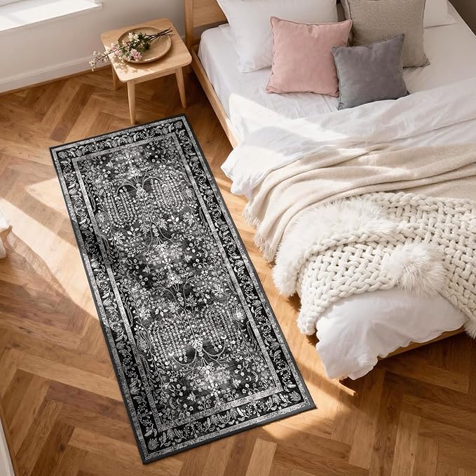 3x6 Runner Rugs for Hallways: Kitchen Runner Non Slip Washable Rug with Rubber Backing Stain Resistant Carpet Low Pile Floral Rugs for Bedroom Bathroom Laundry Living Room Black White 3x6