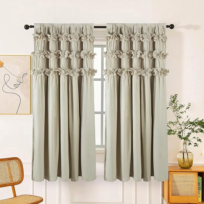 Camel Blackout Curtains with Handmade Ruffles, Butterfly Flower Embellishments for Thermal Insulated Room Darkening Drapes, 42" W x 63" L (Pair) for Bedroom, Living Room (LQ-37)