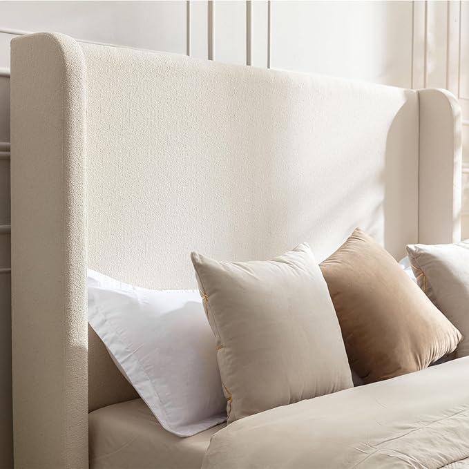 King Size Upholstered Bed Frame, Harper 54" Tall Headboard Platform Beds, Wingback Headboard Bedframes/No Box Spring Needed/Easy Assembly/Elegant Simplicit, Beige Boucle