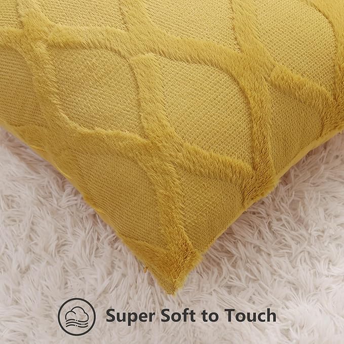 decorUhome Spring Euro Sham Throw Pillow Covers 24x24 Inch Set of 2, Soft Plush Faux Fur Wool Mustard Yellow Couch Pillow Covers, Decorative Neutral Pillow Cases for Bed Sofa Living Room Home Decor
