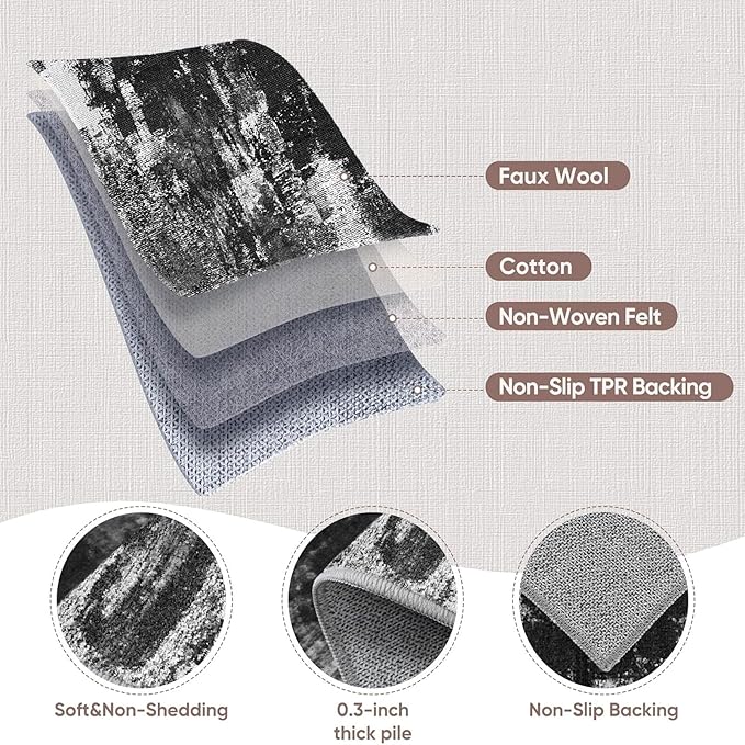 3x8 Hallway Washable Runner Rug: Extra Long Kitchen Runner Non Slip Abstract Rugs Printed Faux Wool Low Pile Soft Indoor Floor Carpet for Bedroon Dining Living Room Bathroom Black White 3x8