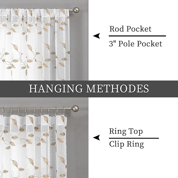 Tollpiz Taupe Leaf Sheer Curtains Leaves Embroidered Bedroom Short Curtain Rod Pocket Voile Window Treatment for Living Room, 38 x 54 inches Long, Set of 2 Panels