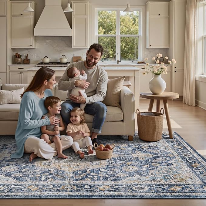 PADOOR 6X9 Area Rug,Rugs for Living Room,Soft Blue Rugs for Bedroom,Machine Washable Rug Non Slip Carpet for Dining Room Living Room Bedside Office