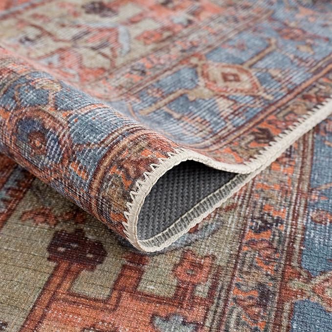 Bloom Rugs Washable 3' x 5' Rug - Terracotta/Blue Traditional Area Rug for Living Room, Bedroom, Dining Room, and Kitchen - Exact Size: 3' x 5'