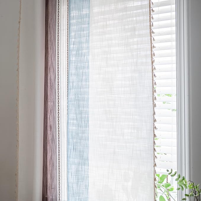 Sutuo Home Boho Curtains 63 inches for Kitchen Bedroom, Semi Blackout Linen Farmhouse Tassels Window Treatment Bohemian Embroidery Drape, Rod Pocket 1 Panel 52" W x 63" L, Brown Blue Striped Linen