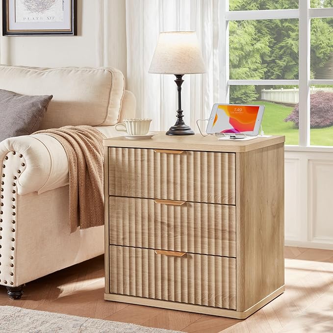 LEYAOYAO 42" Tall Fluted Dresser and 3 Drawers 23" Nightstand Set of 2, Wooden Dresser & Night Stand with Charging Station, 3 Piece Bedroom Furniture Set, Wood Chest of Drawer for Living Room,Natural