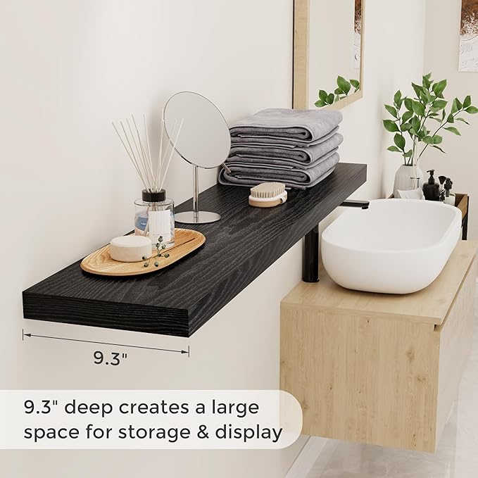 Fun Memories Floating Shelves for Wall, 48 x 9.3 Large Floating Shelf Wall Mounted Set of 2, Rustic Wood Shelves for Bathroom, Kitchen, Living, Heavy-Duty Storage Deep Shelf for Books, Decor, Black