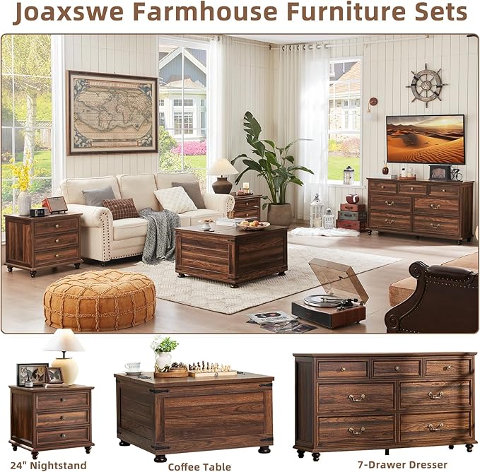 24" Wide Farmhouse Night Stand Set of 2,Large End Table with 3 Drawers & Metal Handle,Brown Wood Dresser for Bedroom Cabinet, Bed Side Table Chest of Drawers,Nightstand for Living Room,Closet